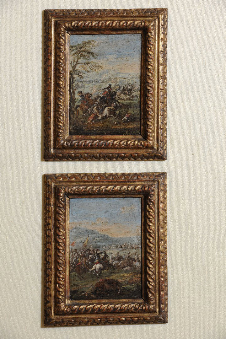 Paio di battaglie di Francesco Graziani detto " Ciccio Napolitano " olio su rame cm. 20 x 17